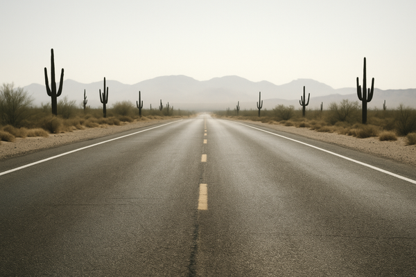 of a shimmering desert highway at midday, heat haze rising off the asphalt, saguaro cacti in the distance under a bleached wh
