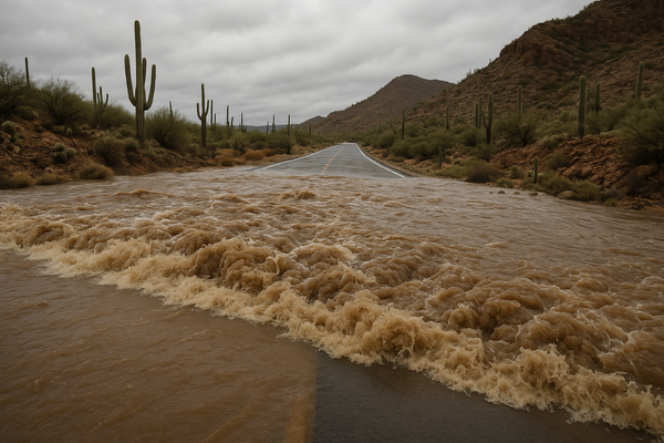 of a desert wash in flood, brown water rushing over a two-lane road, saguaro cacti and rocky hills in the background, overcas