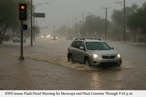NWS Issues Flash Flood Warning for Maricopa and Pinal Counties Through 9:45 p.m.. Thunderstorms dropping up to 1.5 inches …