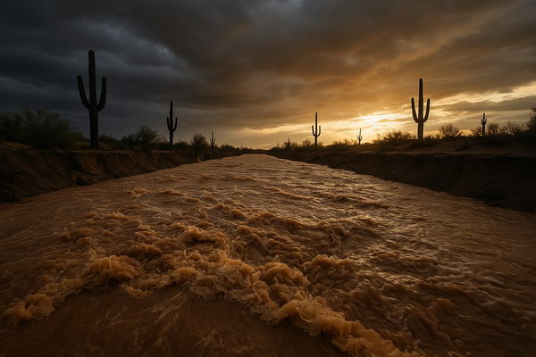 of a desert wash running fast with brown floodwater at dusk, saguaro cactus silhouettes on the bank, storm clouds on the hori
