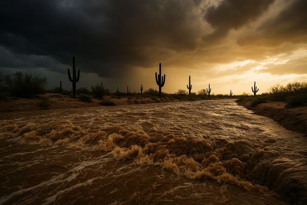 of a desert wash running fast with brown water after a monsoon storm, saguaro cacti in the background under a dark cloudy sky