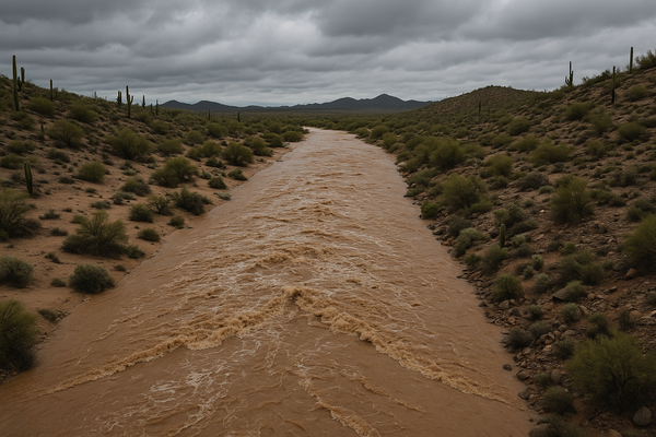 Wide aerial view of a desert wash running fast with brown floodwater through rocky terrain, Sonoran Desert scrub on both bank