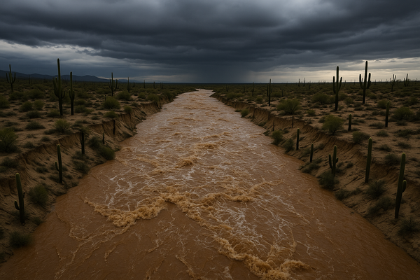 Wide aerial view of a dry desert arroyo beginning to fill with rushing brown water at dusk, saguaro cacti on the banks, storm