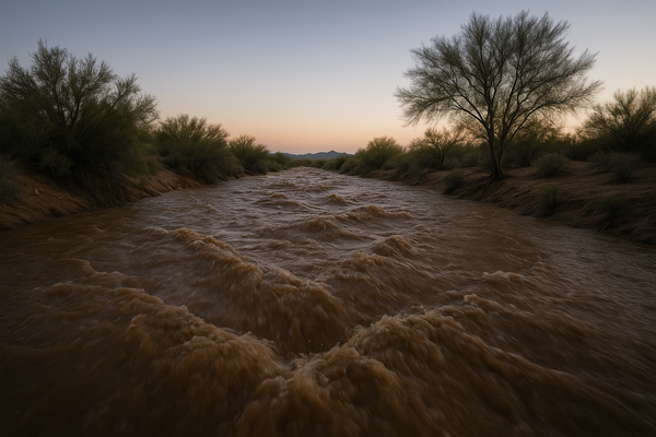 of a dry desert wash filling with rushing brown water at night, sparse desert vegetation along the banks, no people