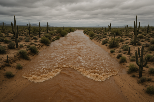 Wide aerial view of a dry desert wash beginning to fill with brown rushing water, saguaro cacti on the banks, overcast monsoo