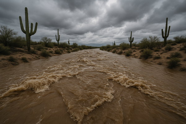 of a desert wash running fast with brown floodwater, saguaro cacti on the banks, overcast sky with dark storm clouds, no peop