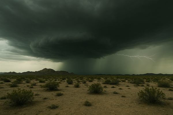 Wide desert landscape at dusk under a dark storm cell, lightning visible in the distance over flat scrubland, no people