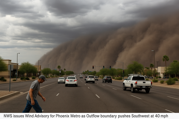 NWS Issues Wind Advisory for Phoenix Metro as Outflow Boundary Pushes Southwest at 40 mph. A fast-moving storm line tracke…