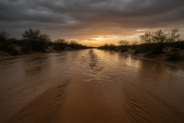 of a desert wash with receding muddy water at dusk, scrub brush along the banks, overcast sky clearing at the horizon