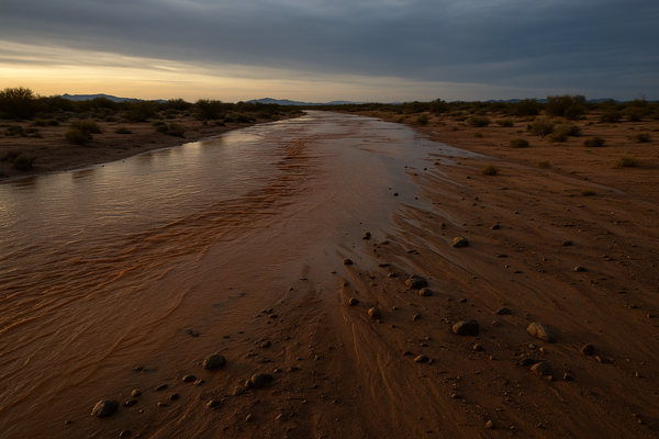 of a desert wash with muddy water receding at dusk, scrub brush and flat Arizona terrain in the background, no people