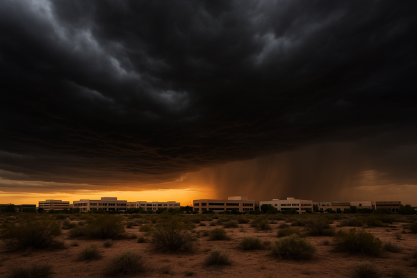 Wide desert sky at dusk with dark storm clouds building over a dry urban landscape, warm orange light on the horizon