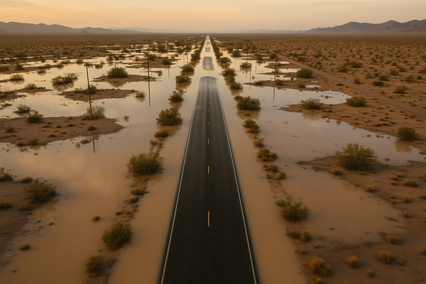 Wide aerial view of a flooded desert street at dawn, standing water reflecting a pale sky, no people visible