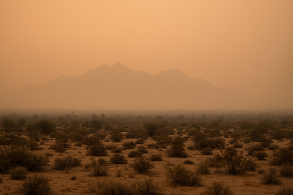 of a hazy desert sky at dawn over a Sonoran landscape, McDowell Mountains faintly visible through orange-tinted smog, no peop