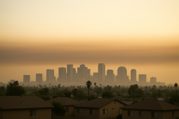 of a hazy Phoenix skyline at dawn, brown-orange smog layer visible over low rooftops, desert sky above