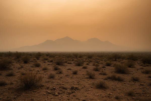 of a hazy desert sky at dusk over a dry Sonoran landscape, McDowell Mountains faintly visible through orange-tinged smog, no