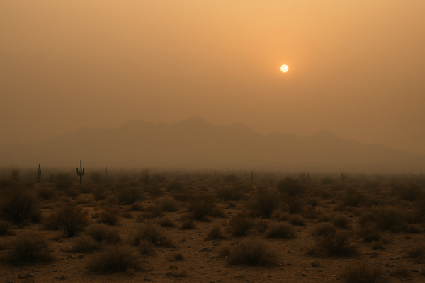 of a hazy desert sky at dusk over a dry Sonoran landscape, McDowell Mountains faintly visible through orange-tinted smog, no