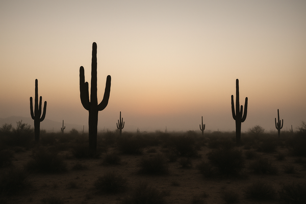 of a hazy desert sky at pre-dawn, faint orange glow on the horizon, saguaro silhouettes in the foreground