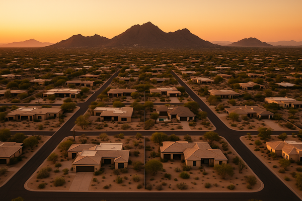 view of a desert residential neighborhood at golden hour, mountain silhouettes in the background, manicured lots visible from