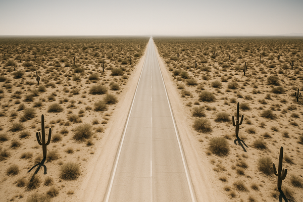 Wide aerial view of a sun-bleached desert highway shimmering with heat distortion, saguaro cacti in the foreground, cloudless