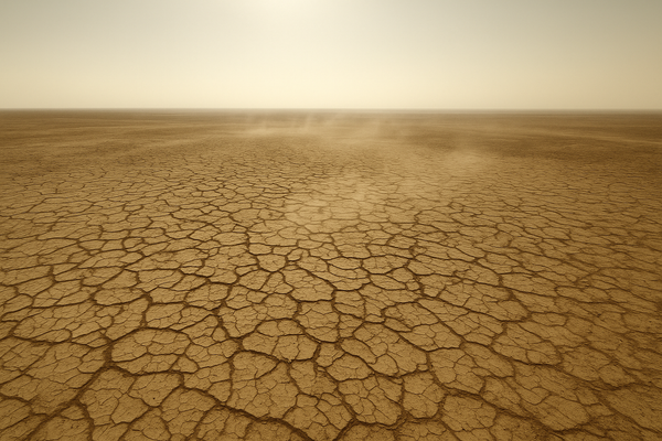 Wide aerial view of a sun-bleached desert landscape at midday, heat shimmer rising from cracked earth, cloudless pale sky