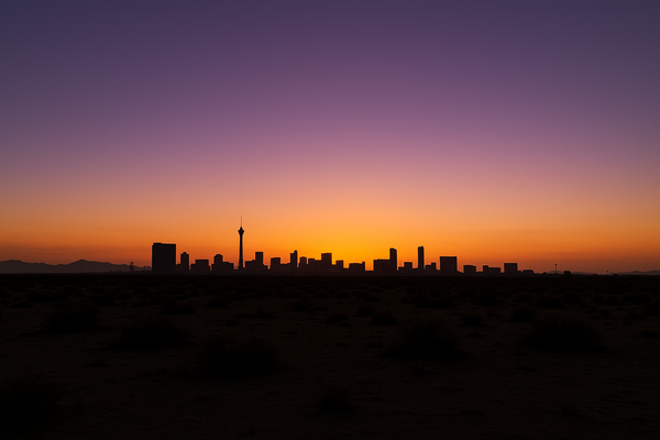 Wide desert sky at dusk over a flat urban horizon, warm orange and purple gradient, no people, no text