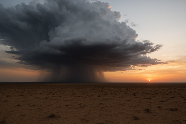 of a monsoon storm cell building over a flat desert landscape at dusk, dramatic dark clouds with visible rain curtains, warm