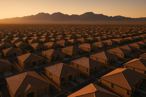 view of a desert residential neighborhood at dusk, warm light on rooftops, mountain silhouette in the background, no people