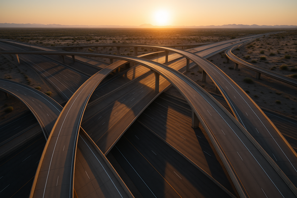 Wide aerial view of a Phoenix-area freeway interchange at dusk, no people, no text, no logos