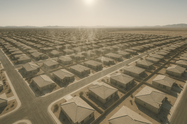 Wide aerial view of a sun-baked desert cityscape at midday, heat shimmer rising from asphalt, no people visible