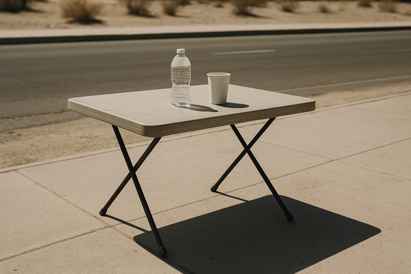 of a desert sidewalk at midday, intense sunlight casting hard shadows, a water bottle and paper cup on a folding table in the