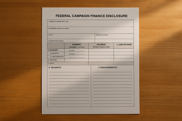 of a blank federal campaign finance disclosure form on a wooden desk, natural window light, no people