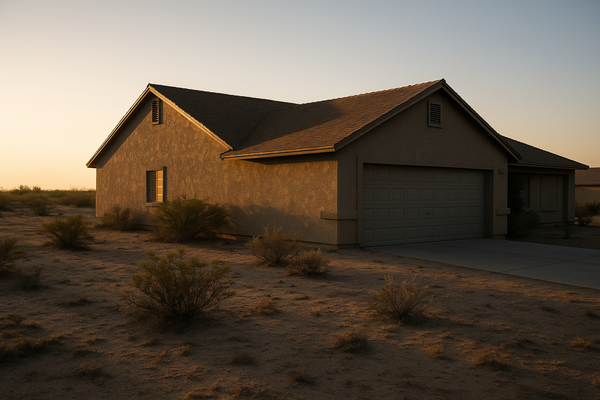 of a residential neighborhood roofline at dawn, desert landscaping visible below, no people