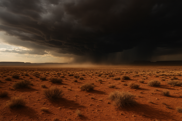 Wide desert landscape at dusk with dark storm clouds building on the horizon, dust haze visible across a flat Arizona plain
