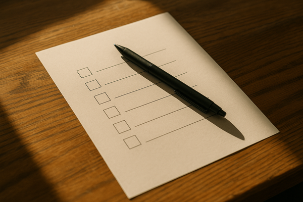 of a blank paper ballot and a black pen resting on a wooden table, soft natural light, no text visible