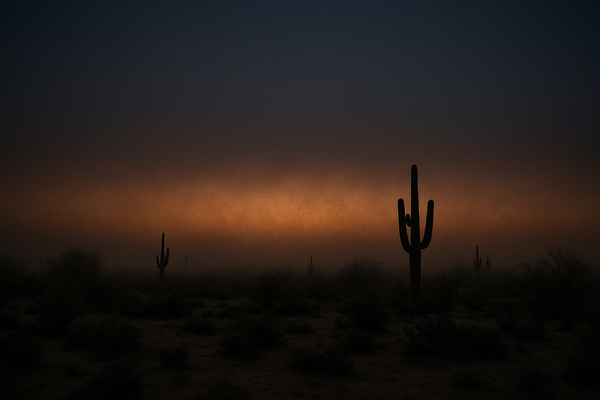 of a hazy desert sky at pre-dawn, orange and brown dust haze visible on the horizon, no people, no text