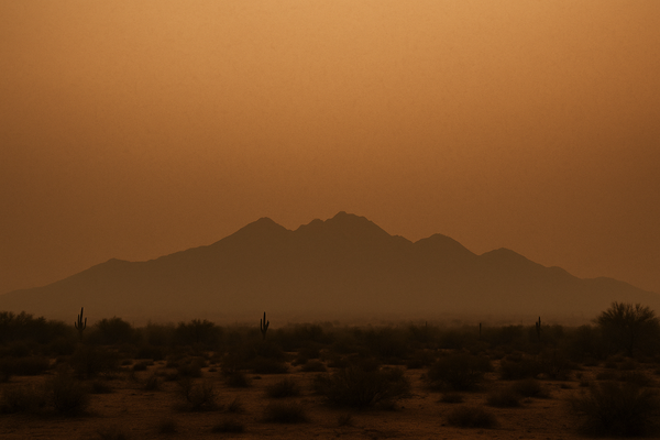 of a hazy desert sky at pre-dawn, orange and brown particulate haze visible on the horizon, McDowell Mountains silhouetted in