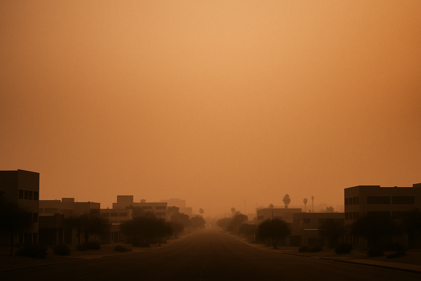 of a hazy desert sky at dusk over a flat urban landscape, orange-tinted air, no people, no text