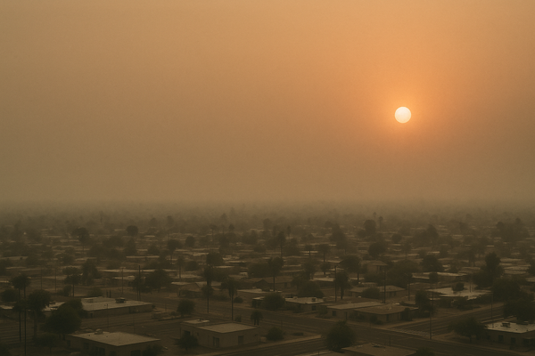 of a hazy desert sky at dusk over a flat urban landscape, orange-tinged horizon, no people
