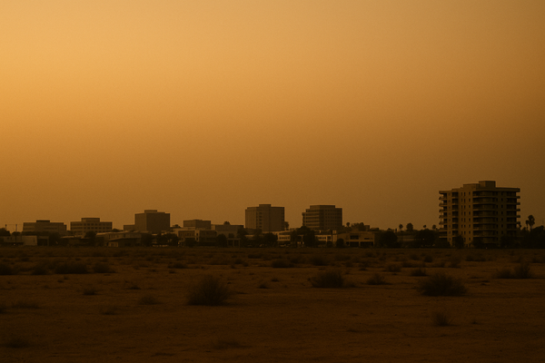 of a hazy desert sky at dusk over a flat urban landscape, orange and brown tones, no people, no text