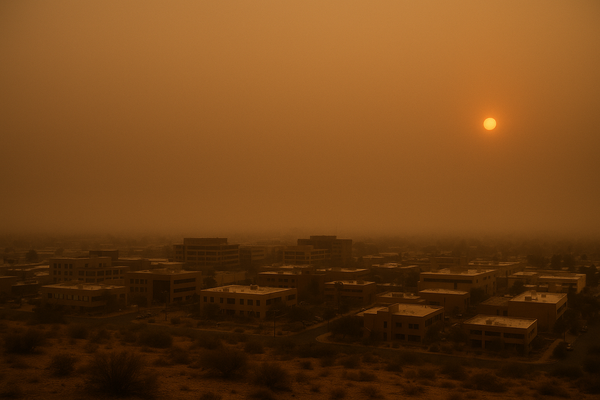 of a hazy desert sky at dusk over a flat urban landscape, orange-brown particulate haze obscuring the horizon, no people