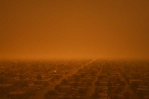 of a hazy desert sky at night over a flat urban grid, orange-tinged ambient glow from city lights diffused through particulat