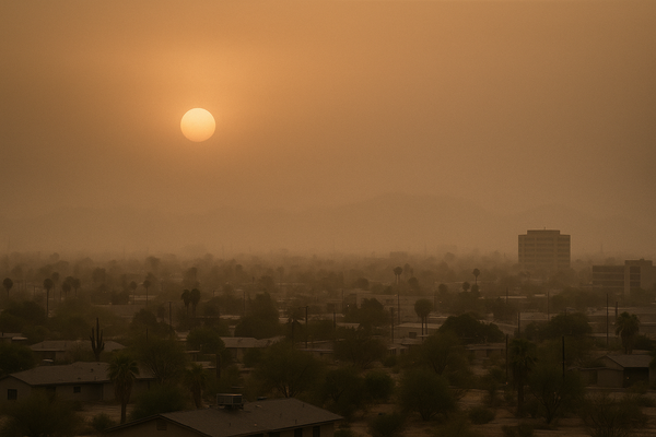 of a hazy desert sky at dusk over a flat urban valley, orange and brown tones, no people, no text
