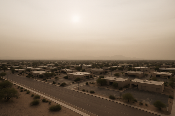 of a hazy desert sky over a flat urban landscape at midday, brown particulate haze visible on the horizon, no people