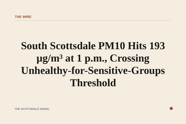 of a hazy desert sky over a flat urban neighborhood at midday, brown particulate haze visible on the horizon, no people