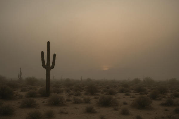 of a hazy desert sky at pre-dawn, faint orange glow on the horizon, no people, no text