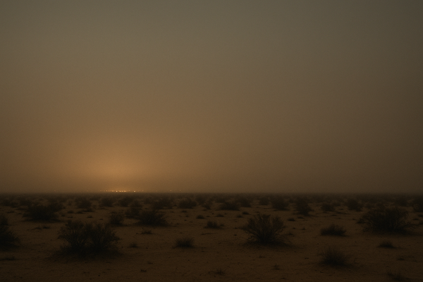 of a hazy desert sky at pre-dawn, faint city glow on the horizon, no people, no text
