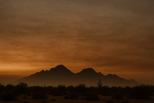 of a hazy desert sky at pre-dawn, orange and brown particulate haze visible near the horizon, McDowell Mountains silhouetted