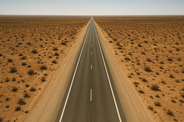 Wide aerial view of a two-lane desert highway stretching toward a flat horizon under a bright Arizona midday sky, no vehicles