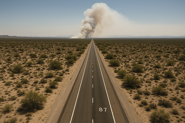 Wide aerial view of a desert highway cutting through dry scrubland in the Sonoran Desert, smoke visible on the horizon at mid