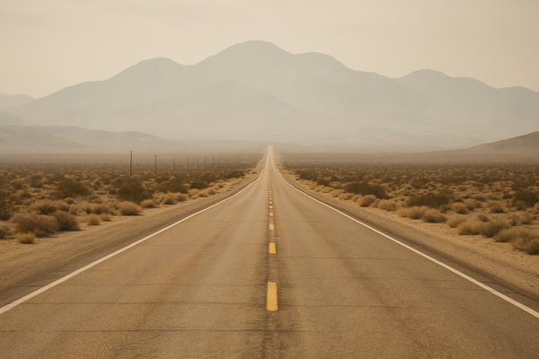 Two-lane desert highway stretching toward distant mountains under a hazy afternoon sky, no vehicles visible